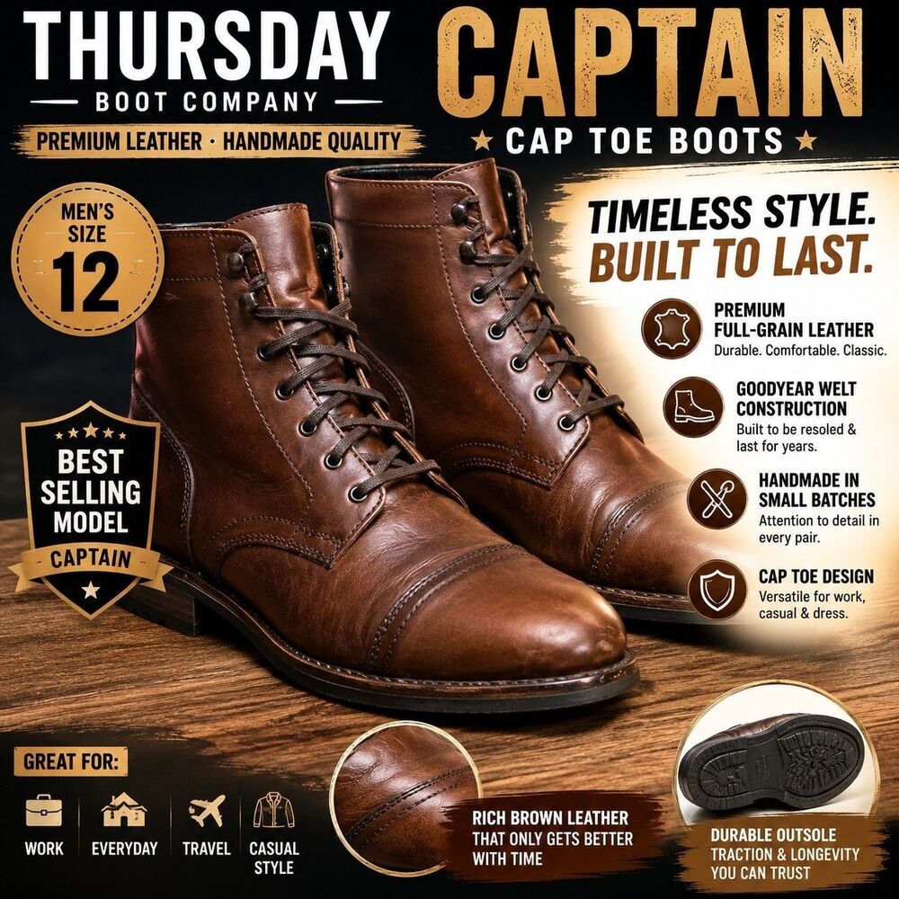 Thursday Boot Company Captain Boots Men's Size 12 Brown Leather Cap Toe Lace Up